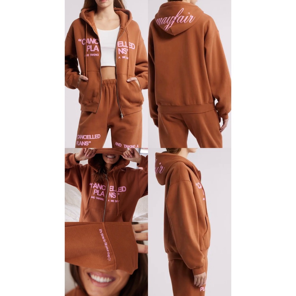 The Mayfair Group Cancelled Plans Zip Up Hoodie Brown Pink Puff Print L/XL